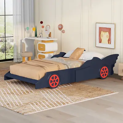 Kids Wood Bat Wing Race Car Bed Twin Size Toddler Frame Bedroom Furniture Boys  • $207.77