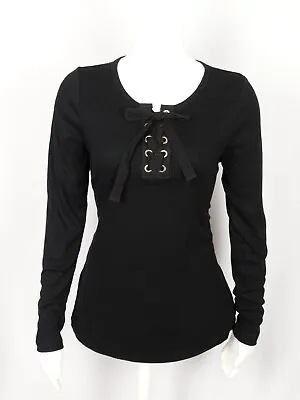 Womens VOCAL New Favorite Black Top With Sexy Gold Accent Lace Up Long Sleeve • $23.96