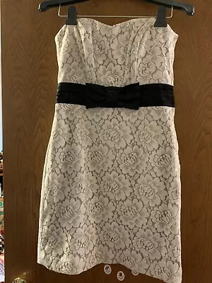 H&M Dress Sz 8  Cream Lace Black Bow Strapless Party Cocktail Holiday Dress • $11.99