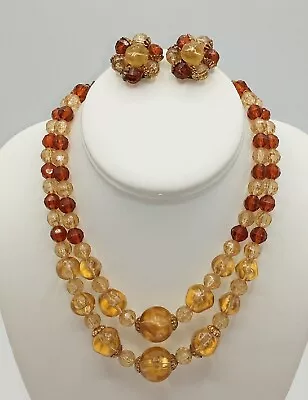 Vintage Two Tone Amber Lucite Multi Strand Necklace Earring Set • $20