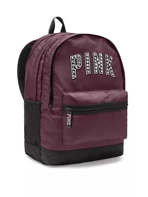 NWT Victoria's Secret Pink Bling Campus Backpack Black Orchid Burgundy Logo Zip • $46.98