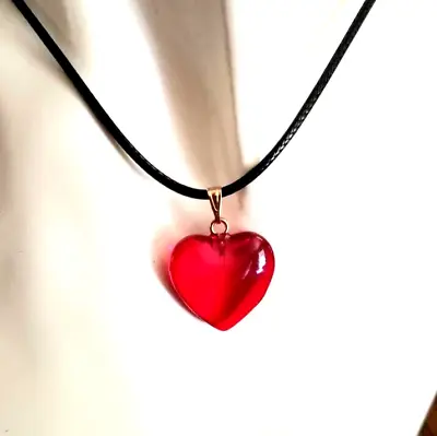 Valentine Red Heart Necklace Glass Heart Pendant Necklace Big Red Heart Jewelry • $22.95