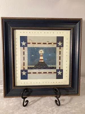 Warren Kimble Print Lighthouse American Folk Art Blue Frame W/Glass 10.5  Square • $22.50