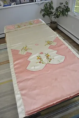 VTG 1930s Pink White Satin Floral CHENILLE Embroidered Bedspread W/ Bolster • $225