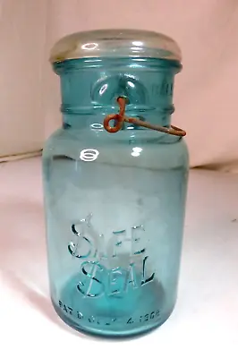 Vtg 1 Quart Blue Safe Seal Glass Canning Jar W Wire Bail + Lid / Dated 1908 • $5.99