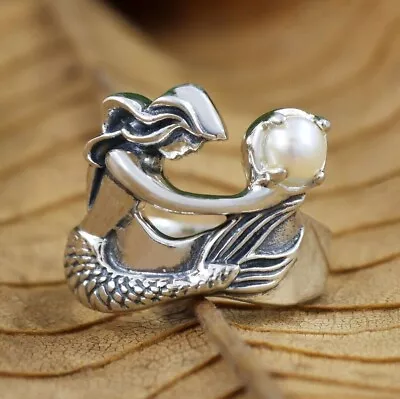 Mermaid Holding Pearl Women Ring 925 Sterling Silver Figurative Jewelry S-7 • $50.99