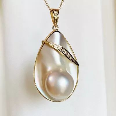 Huge 21×33mm Mabe Blister Saltwater Pearl Pendant 18K Solid Yellow Gold&Diamonds • $715.17