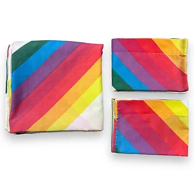 3pc Vintage 1970s Rainbow Flat Double Sheet 2 Pillowcases Fabric Stranger Things • $39.99