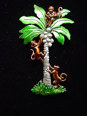  JJ  Jonette Jewelry Silver Pewter 'MONKEYS Gathering Coconuts' Pin • $16.99