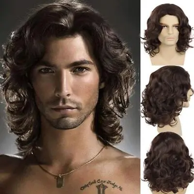 £9.99 • Buy Short Men Wigs Synthetic Fiber Brown Wig Curly Hairstyle Retro Costume Wig Party