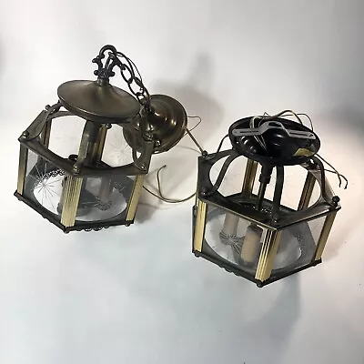 Vintage MCM Ceiling Light Set Etched Atomic Starburst Hexagon Glass Brass Lace • $30