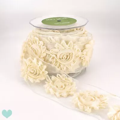 1m May Arts Sheer Frayed Flowers Ivory Wired Ribbon -  7cm Wide - Wedding • £4.99