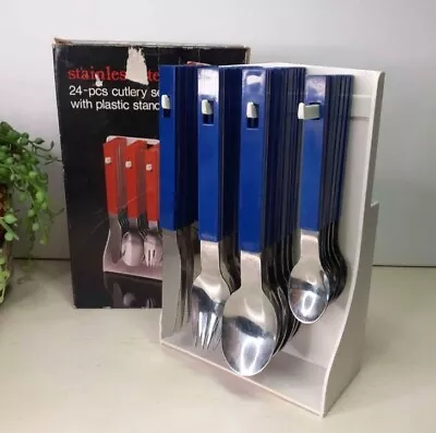 Vintage Retro Blue Stainless Steel Hanging Cutlery Set With Napkin Holder • $34.95