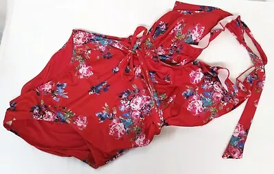 ModCloth XL Red Floral Tie Waist One Piece Swimsuit Ruffle Bust Modesty Inserts • $17.39