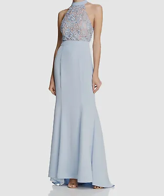 $170 Jarlo Women's Blue Lace Halter Neck Tie Back Gown Mermaid Dress Size 8 • $54.78