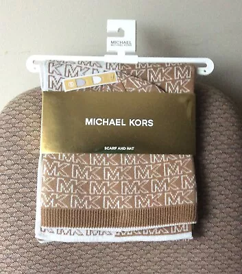 Michael Kors Split Logo Knit Reversible Hat & Scarf (2PC) - Dark Camel & Cream • $35.99