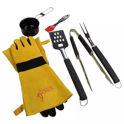 Vision Grills 6 Piece Barbecue Kit / Kamado BBQ Grill Tool Set W/ Suede Gloves • $19.95