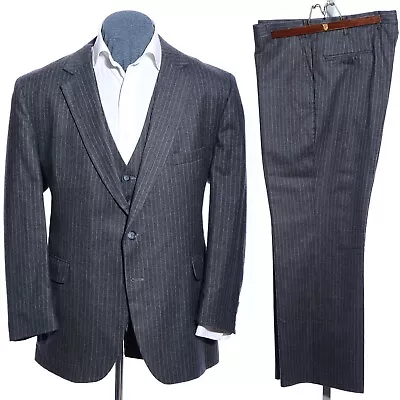 44R Vintage Hudsons Gray Pinstriped Wool Three-Piece Suit 38x30 Trousers Vest XL • $148