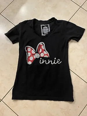 DISNEY STORE Women's Minnie Mouse Glittered Bow Black V-Neck T-Shirt - Size XS • $10