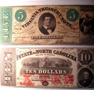 2 TREASURY NOTES OF 1860's $5 VIRGINIA AND $10 NORTH CAROLINA~UNGRADED AU-UNC. • $259.95