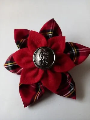 Red Tartan Fabric Brooch. Rusty Red Felt Inner Flower. Coat Of Arms Centre. 9cm  • £6.25