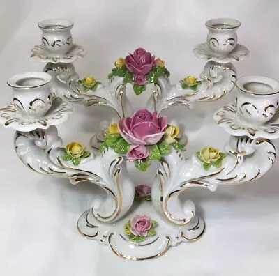 Vintage Pair Of Dresden Candelabra Candlestick Holders Germany Gold Roses❤️ • $185.50