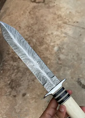 Handmade Damascus Feather Daggar Buffalo & Camel Bone COMBAT KNIFE DAGGER KNIFE • $129.99