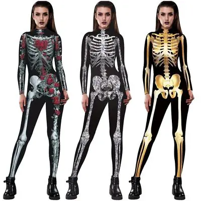 Halloween Women Skeleton Bone Frame Jumpsuit Bodysuit Fancy Dead Cosplay Costume • £10.89