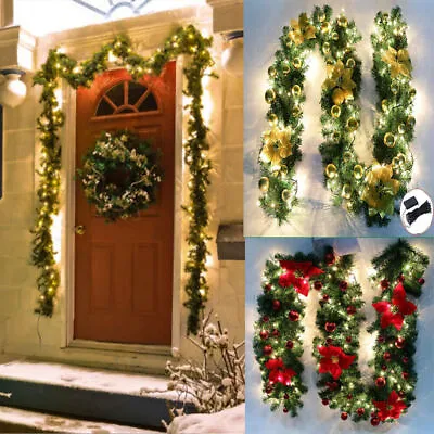 9FT Christmas Garland With Lights Fireplace Stairs Wreath Pre Lit Decor Outdoor • $37.99