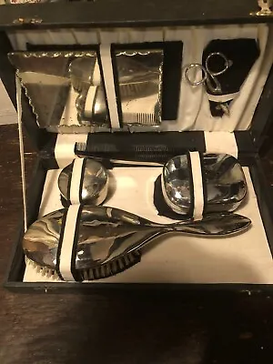 Vintage Chrome Vanity Set - Hairbrush Comb Mirror Scissors Soap Dish & Pot • $15.56