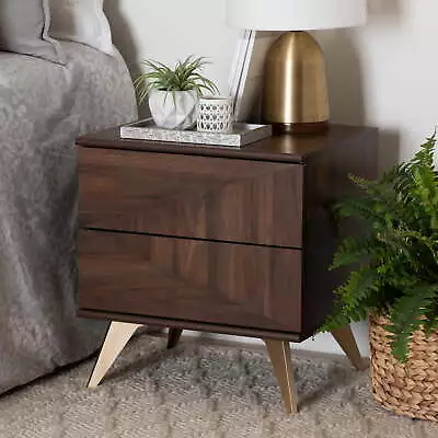 Mid-Century Modern Transitional Walnut Brown Finished Wood 2-Drawer Nightstand • $124.79