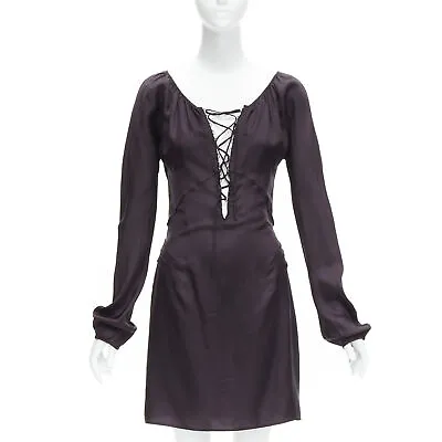 GUCCI Tom Ford 2002 Vintage Dark Purple Satin Laced Neckline Mini Dress IT38 XS • $1198