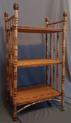 Antique Burnt Bamboo Etagere Bookshelf Stand French Beehive Finials Colonial  • $395