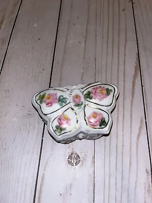 Vintage Butterfly Trinket Dish Ceramic Gold Trimmed Pink Roses Vanity • £11.57