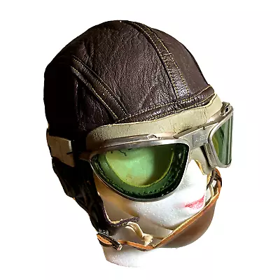 WWII U.S Navy Pilot Leather Helmet Naf 1092-67 Green Goggles AN6530 Chas Fischer • $954.45