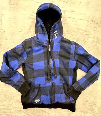 Fox Racing Girls Size S Flannel Jacket Lined Hoody Full Zip Blue Plaid Check • $13.80