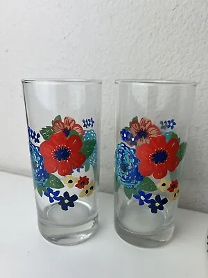 Pioneer Woman Dancing Dahlias Glasses Red Blue Floral Tumblers Two Pair 16 Oz • $24.99