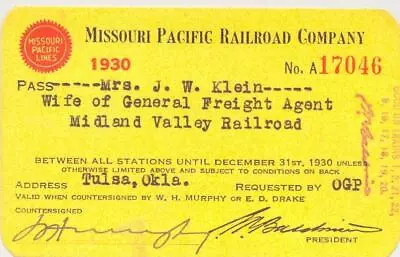 1930 MP Missouri Pacific Railroad Employee Pass - Midland Valley Railroad • $14