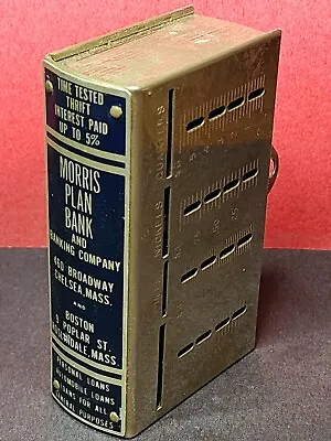 Morris Plan Bank Co. 4 1/2  Book Shape Metal Bank W/Key RARE Roslandale Mass. • $75