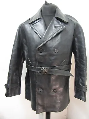 Vintage Leather Motorcycle Barnstormer Pea Trench Jacket Size M Heavy 2.8kg • $97.42