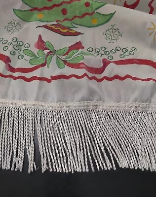 Vintage MCM Christmas Tablecloth With Fringe Hand Painted 62  *Read • $17.09