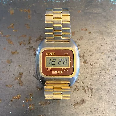 Vintage Medana Quartz Watch Men Gold Tone Band LCD Digital Date New Battery • $22.48