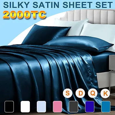 New 2000TC Silk Satin Pillowcase Flat Fitted Sheet Set Single/Double/Queen/King • $28.49