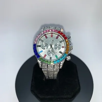 Unisex Iced Out Silver Colour Rainbow Batons Luxury Quartz Watch Wristwatch • £24.99