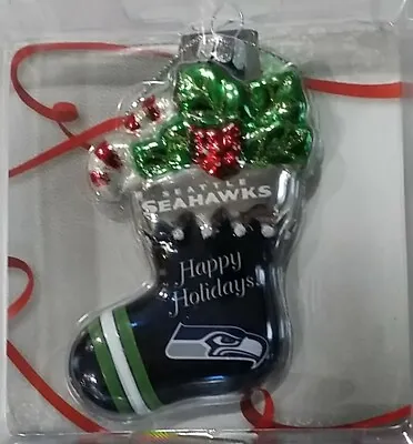 $7.95 • Buy Seattle Seahawks Logo NFL Blown Glass Glitter Stocking Christmas Tree Ornament