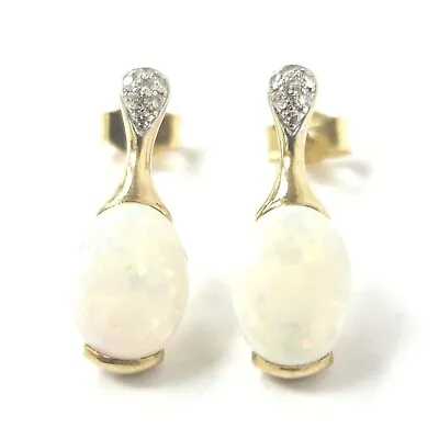 9ct Gold Opal And Diamond Stud Earrings 16.3mm Long 1.5g • £95