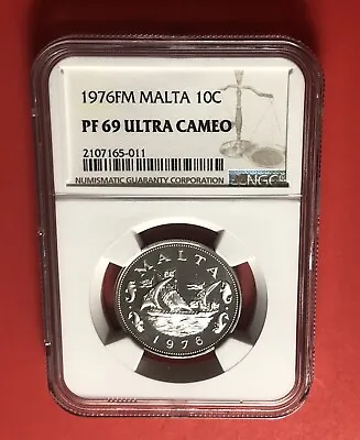 1976 Fm- Malta- 10 Cents Proof Coingraded By Ngc Pf69 Ultra Cameo. • $59