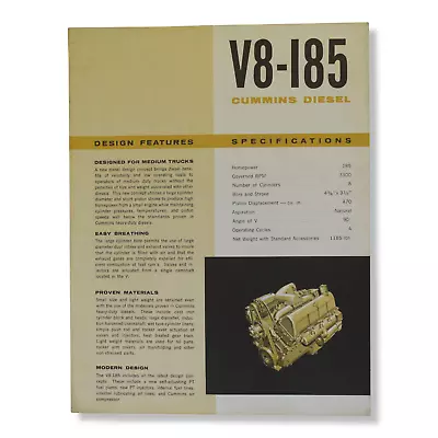 Vintage 1960's V8-185 Cummins Diesel Specifications Brochure Bulletin 950364 • $6.99