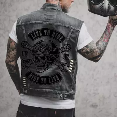 £35.99 • Buy Mens Printed Biker Motorcycle Denim Vest Sleeveless Coat Waistcoat Punk Top UK