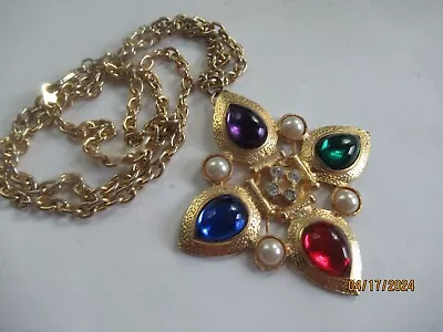 Mogul Style Maltese Cross Jewel Tone Gold Plate Pendant Chain Necklace • $29.99